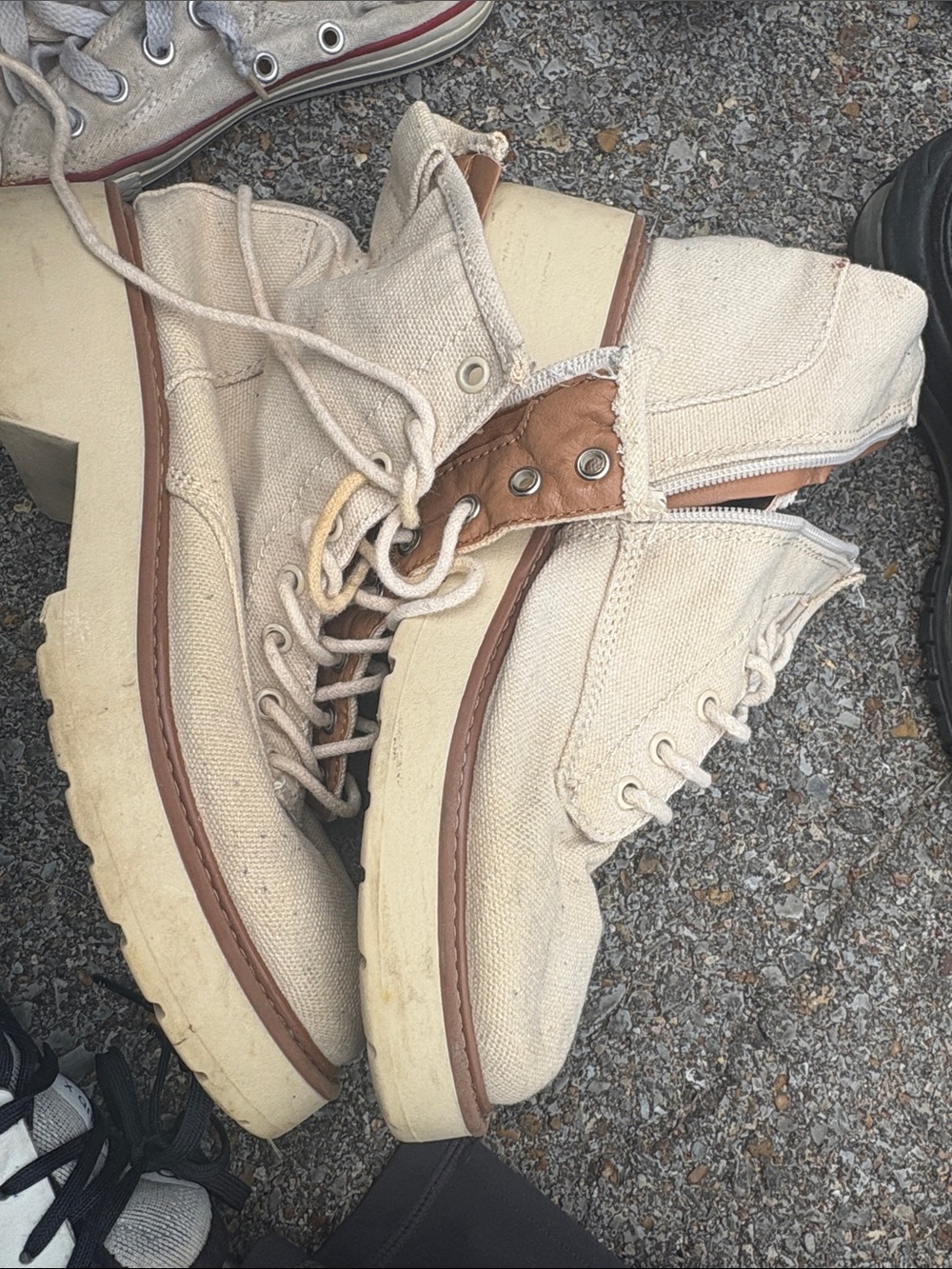 Men's Canvas High-Top Boots in Cream with Brown Trim